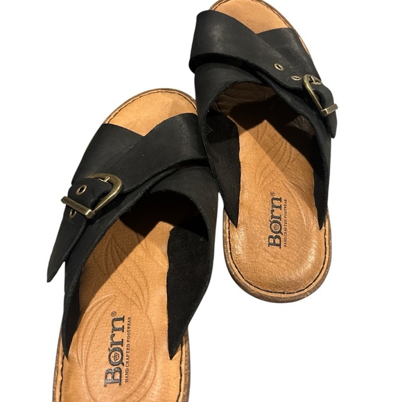 Born Wedge Shoes Black Leather Sandals Heels Slip On Open Toe Size 8 - Picture 6 of 7